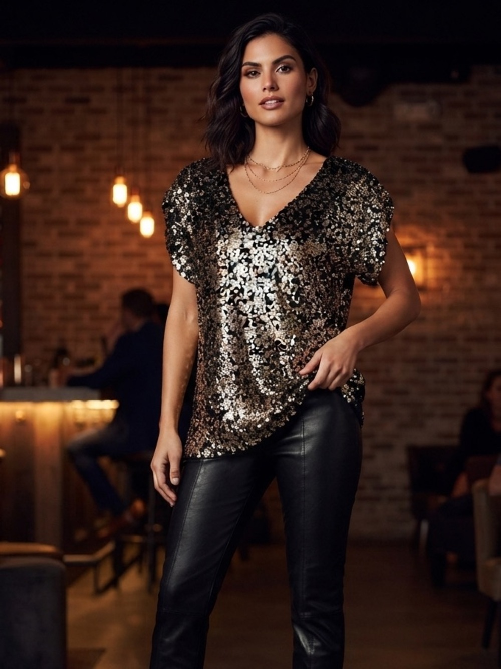 Free People Metallic Gold Sequin V-Neck Top
